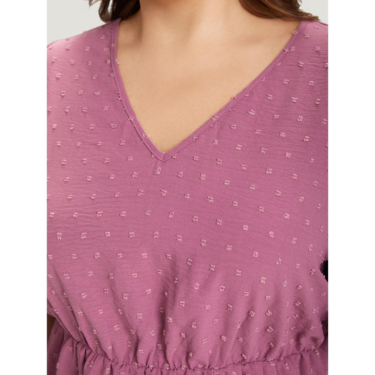 Plus Size Purple Polka Dot Elastic Waist Ruffle Sleeve Layered Blouse Women Elegant Short sleeve V-neck Dailywear Blouses BloomChic 10/M Product Image