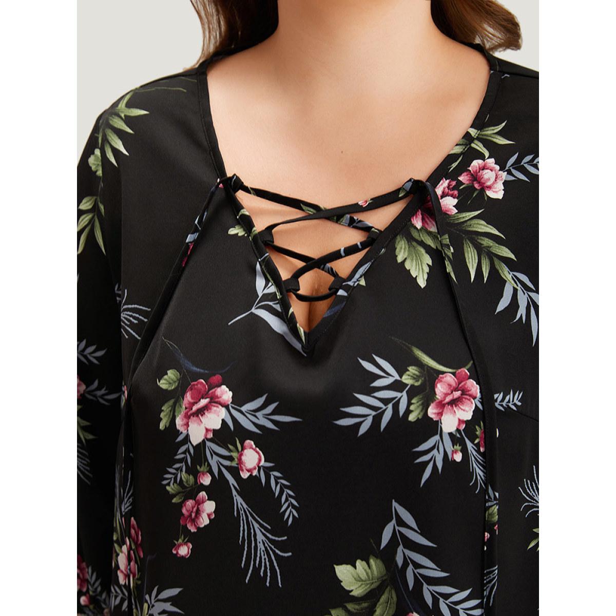 Plus Size Black Floral Print Lace Up Lantern Sleeve Blouse Women Elegant Half Sleeve V-neck Dailywear Blouses BloomChic 12/L Product Image