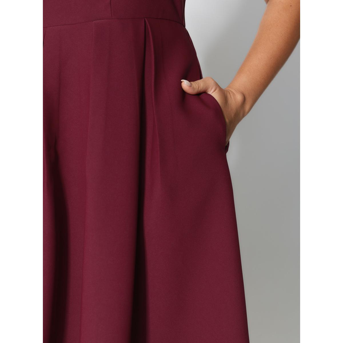 Plus Size Lace Trim Sleeve Pleated Maxi Dress Burgundy Women Party&Cocktail Square Neck Cap Sleeve Curvy BloomChic 28/5X Product Image