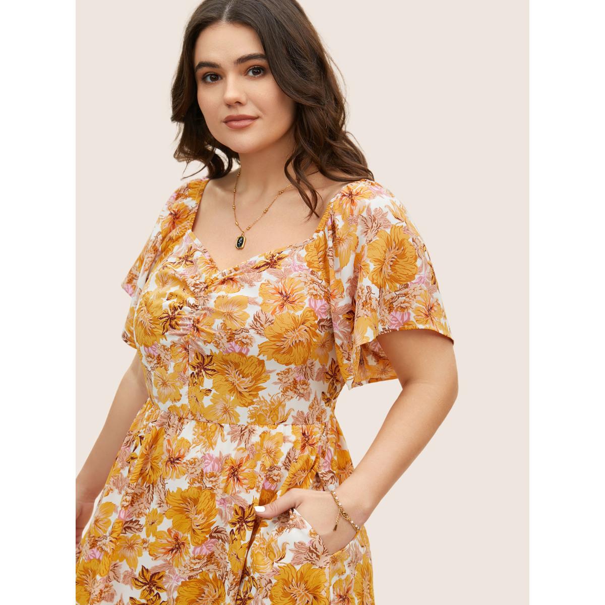 Plus Size Floral Heart Neckline Flutter Sleeve Dress Turmeric Women Elegant Twist Heart neckline Short sleeve Curvy BloomChic 22-24/3X Product Image