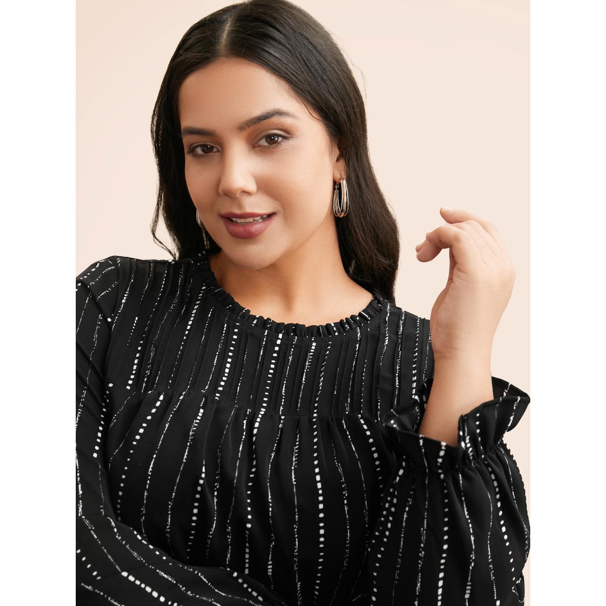 Plus Size Black Striped Lantern Sleeve Ruffles Blouse Women At the Office Long Sleeve Stand-up collar Work Blouses BloomChic 26/4X Product Image