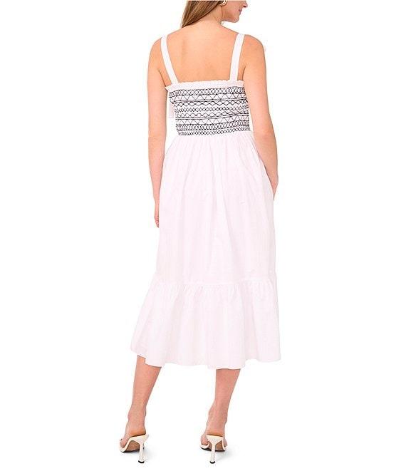 1. STATE Woven Square Neck Tie Shoulder Contrast Smocked Midi Dress Product Image