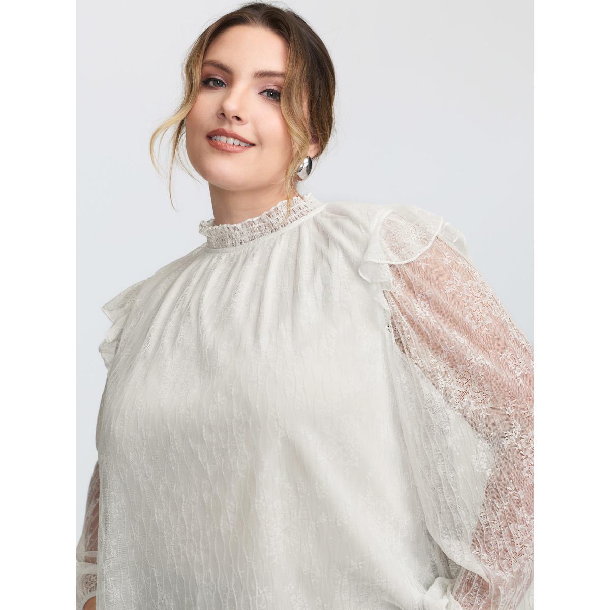 Plus Size Ivory Pleated Lace Mock Neckline Sheer Blouse Women Romantic Long Sleeve Mock Neck Elegant Blouses BloomChic 12/L Product Image