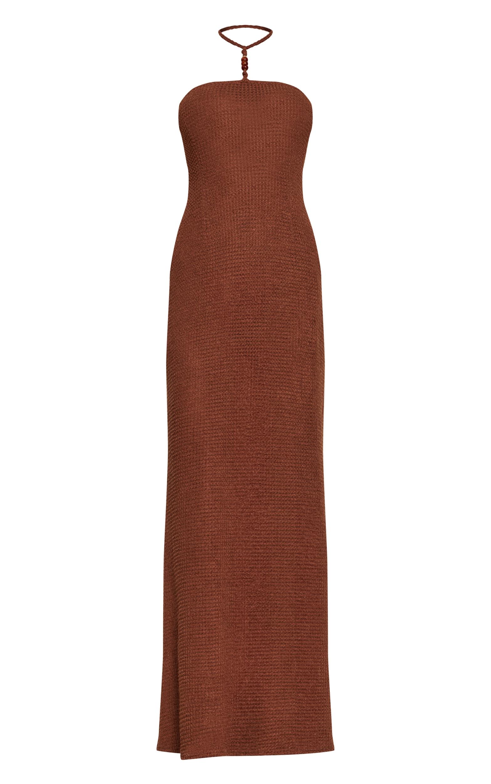 Mocha Crochet Bead Trim Halter Neck Maxi Beach Dress Product Image