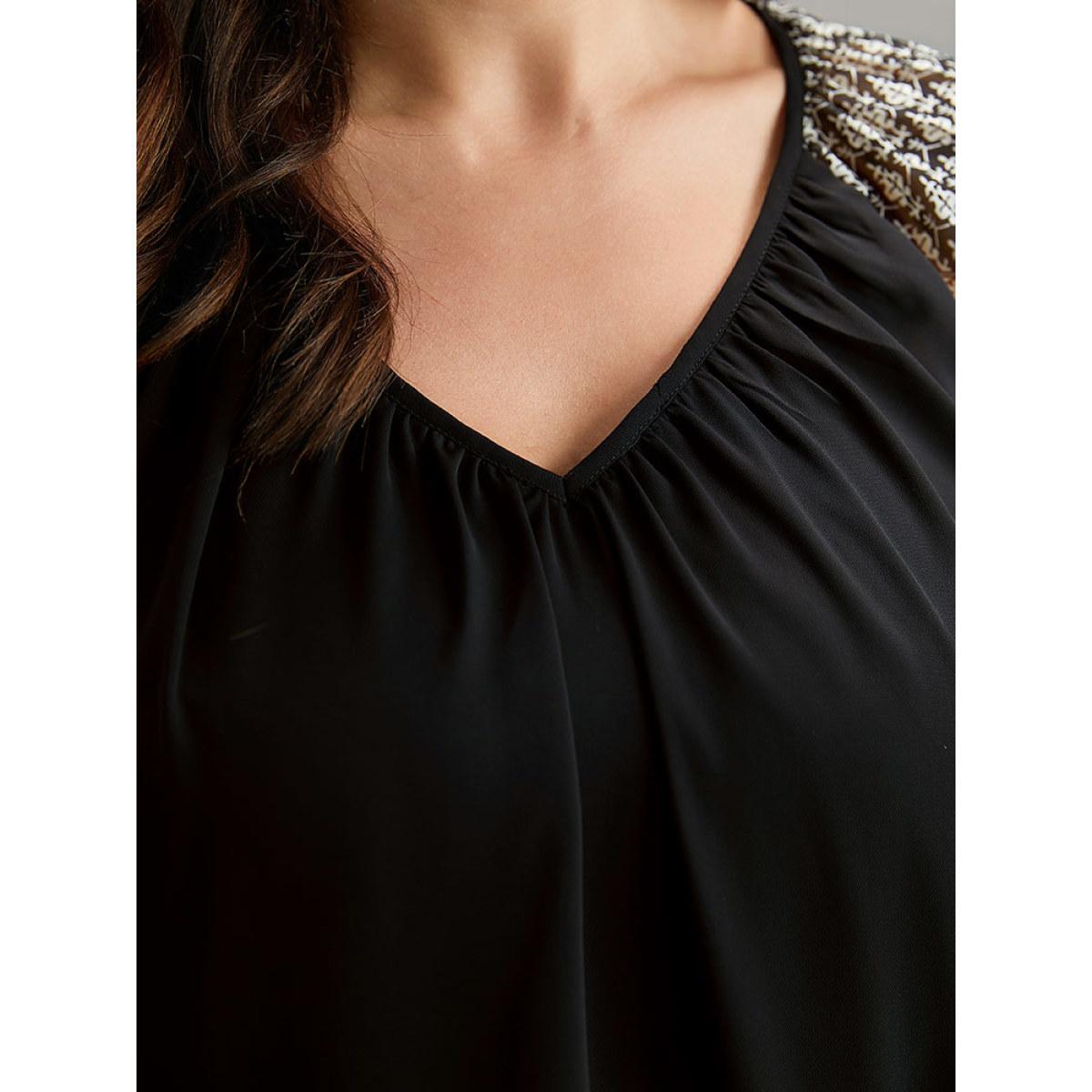 Plus Size Black Bandana Patchwork Twill Contrast Lantern Sleeve Blouse Women Elegant Long Sleeve V-neck Dailywear Blouses BloomChic 28/5X Product Image