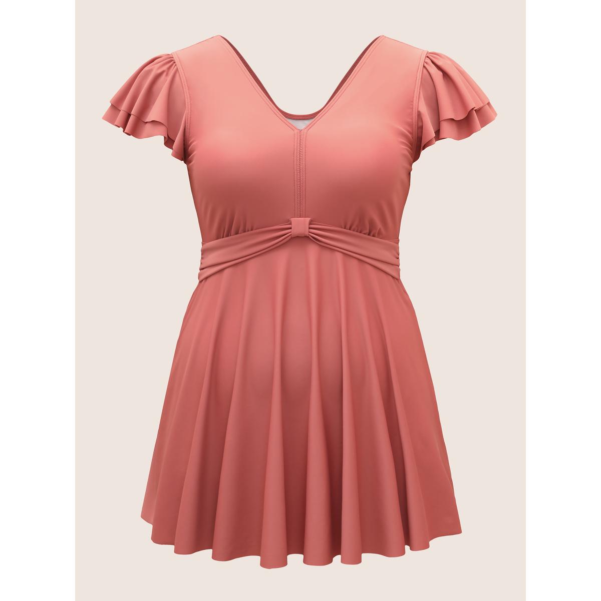 Plus Size Solid Gathered Tiered Ruffle Sleeve Swim Dress Women's Swimwear Rust Beach Bodycon V-neck High stretch Curve Swim Dresses BloomChic 14-16/1X Product Image