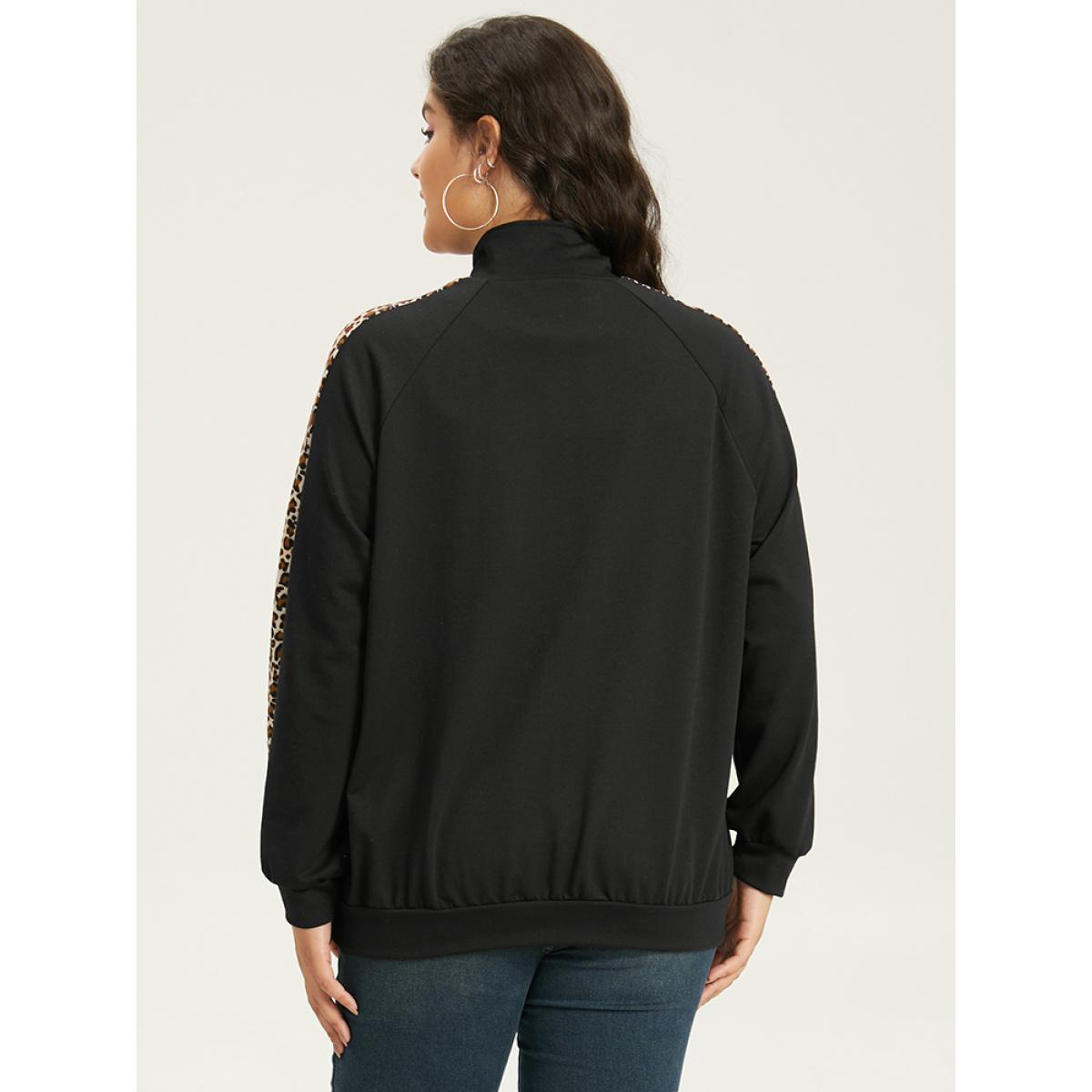 Plus Size Leopard Print Patchwork Zipper Pocket Jacket Women Black Elastic cuffs Pocket Dailywear Jackets BloomChic 22-24/3X Product Image