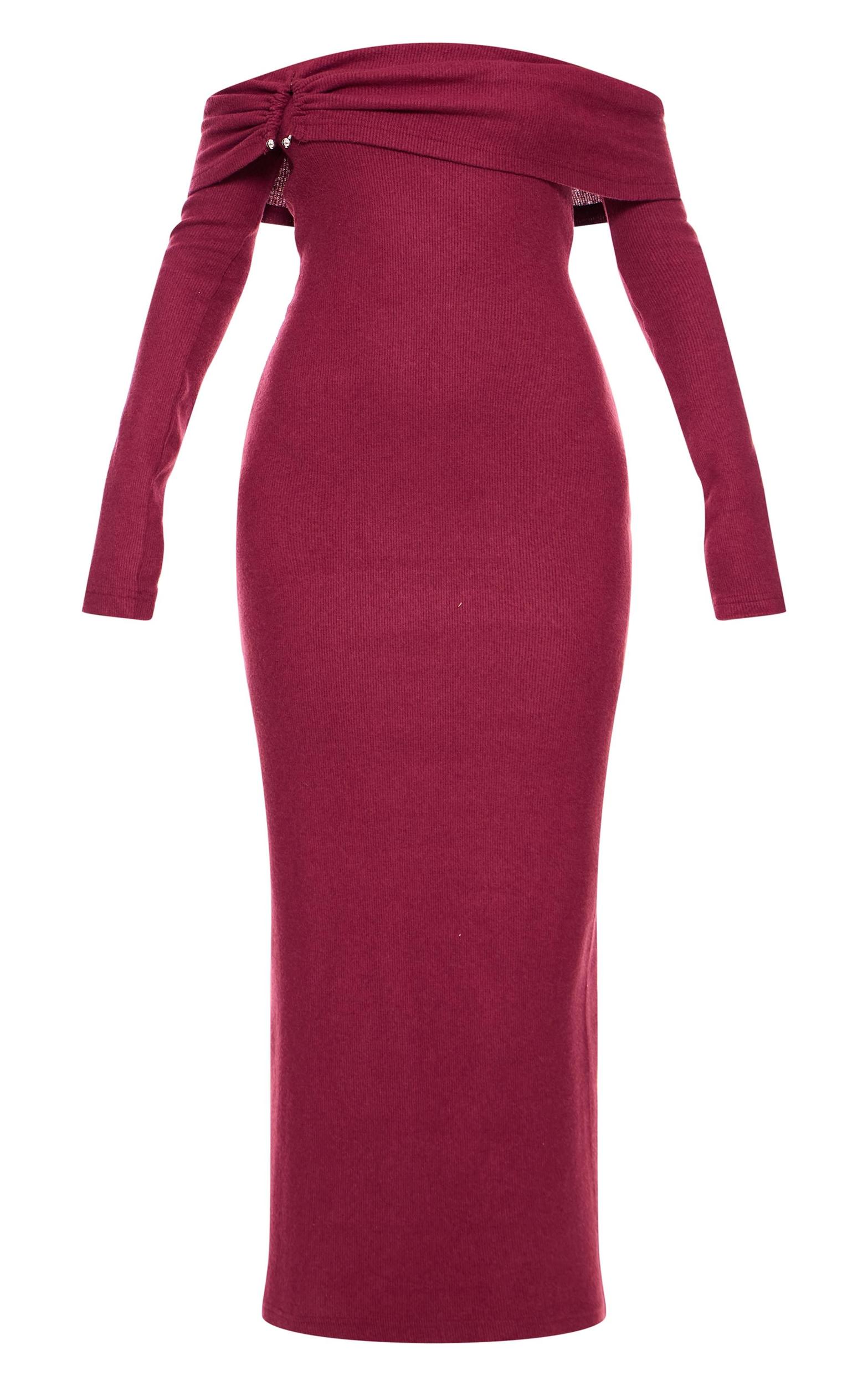 Burgundy Heavy Brushed Rib Bardot Trim Maxi Dress Product Image