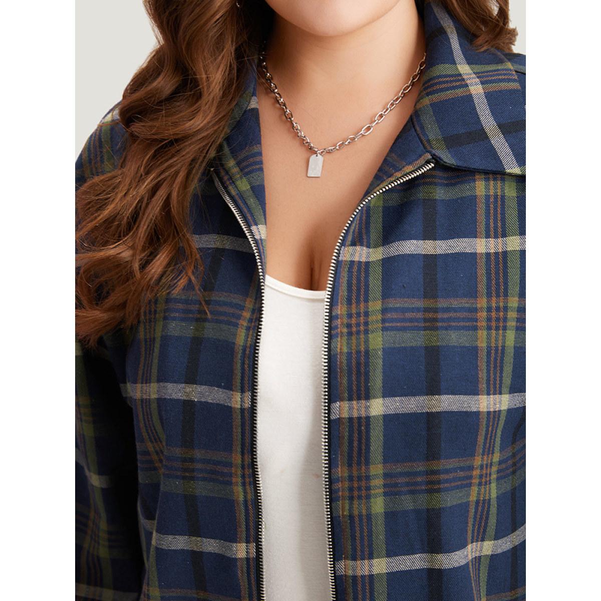 Plus Size Plaid Lapel Collar Pocket Zipper Fly Coat Women Indigo Zipper Pocket Dailywear Jackets BloomChic 18-20/2X Product Image