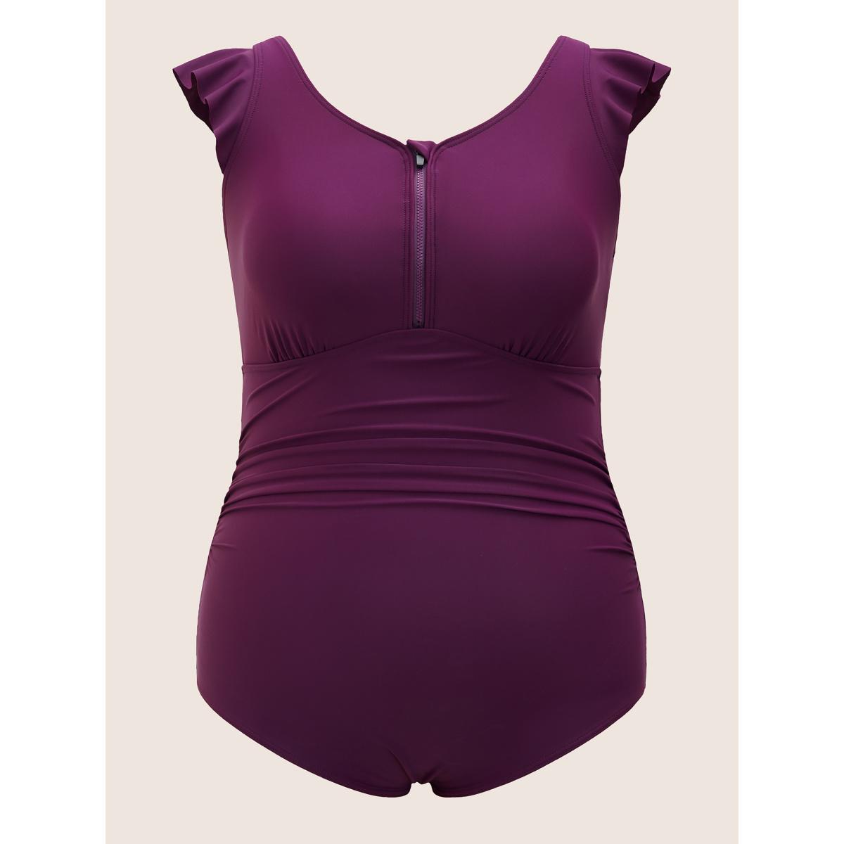 Plus Size Solid Half Zip Ruffle Cap Sleeve One Piece Swimsuit Women's Swimwear Deeppurplered Beach Ruffles Curve Bathing Suits High stretch One Pieces BloomChic 26/4X Product Image