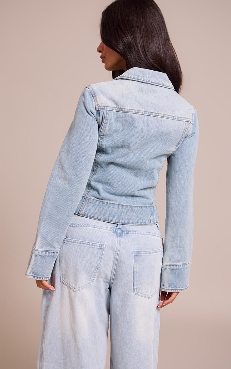 Petite Light Blue Denim Front Zip Fitted Jacket Product Image