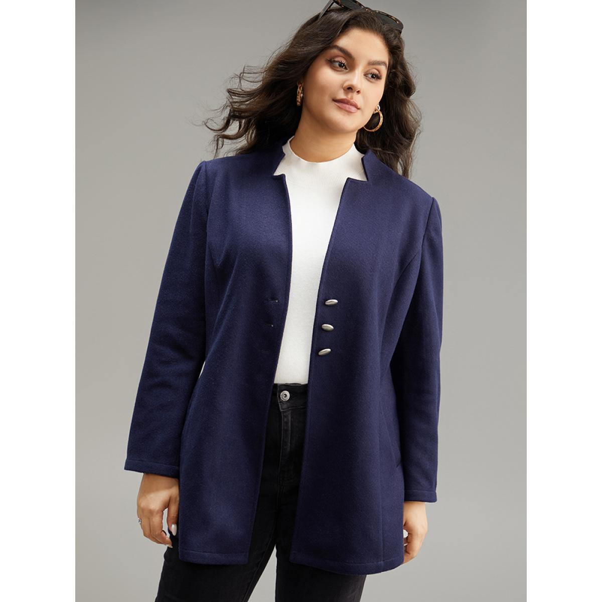 Plus Size Solid Button Up Pocket Jacket Women DarkBlue Casual Plain Ladies Dailywear Winter Coats BloomChic 30/6X Product Image