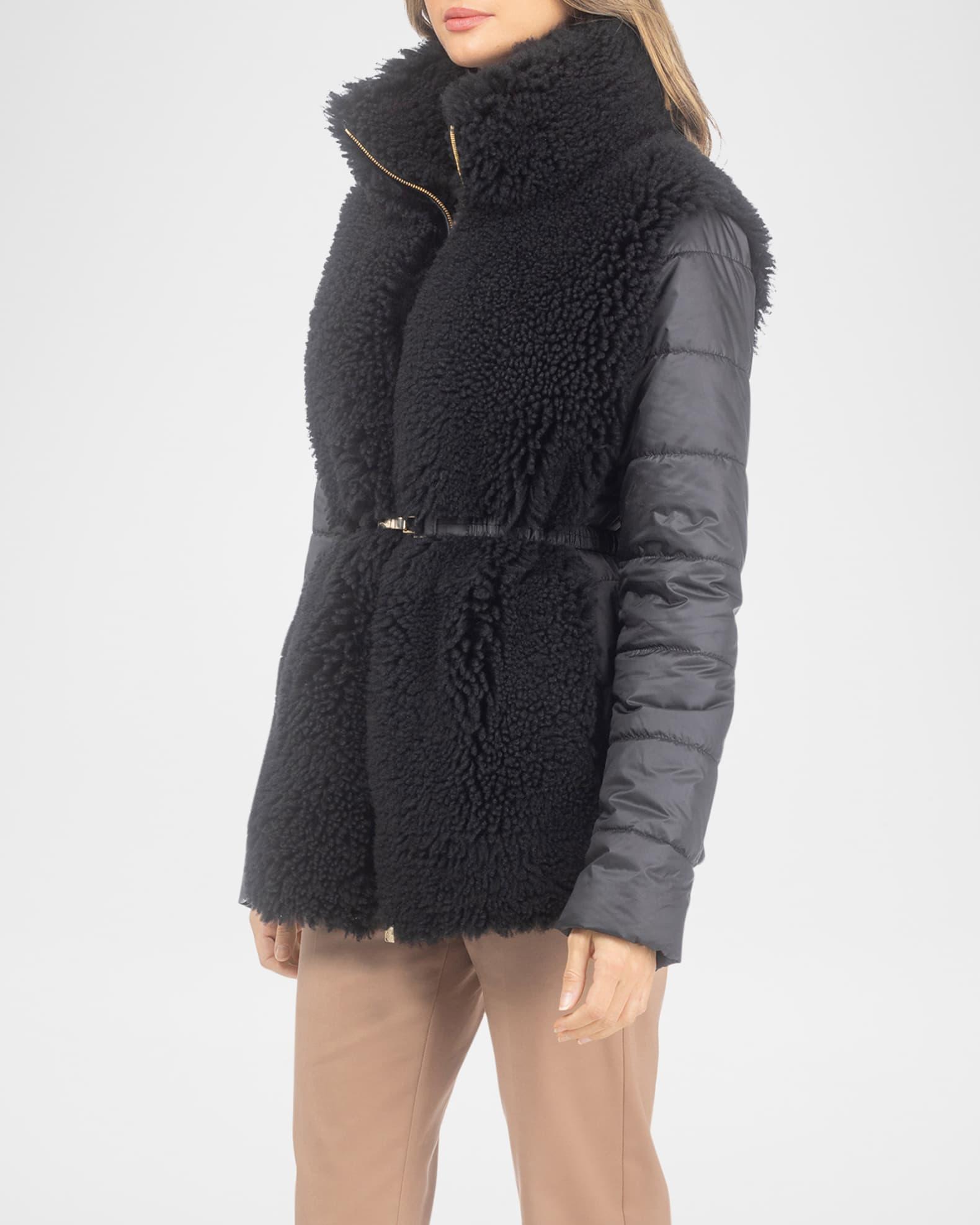 Belted Curly Lamb Shearling Jacket with Quilted Sleeves & Back  Product Image