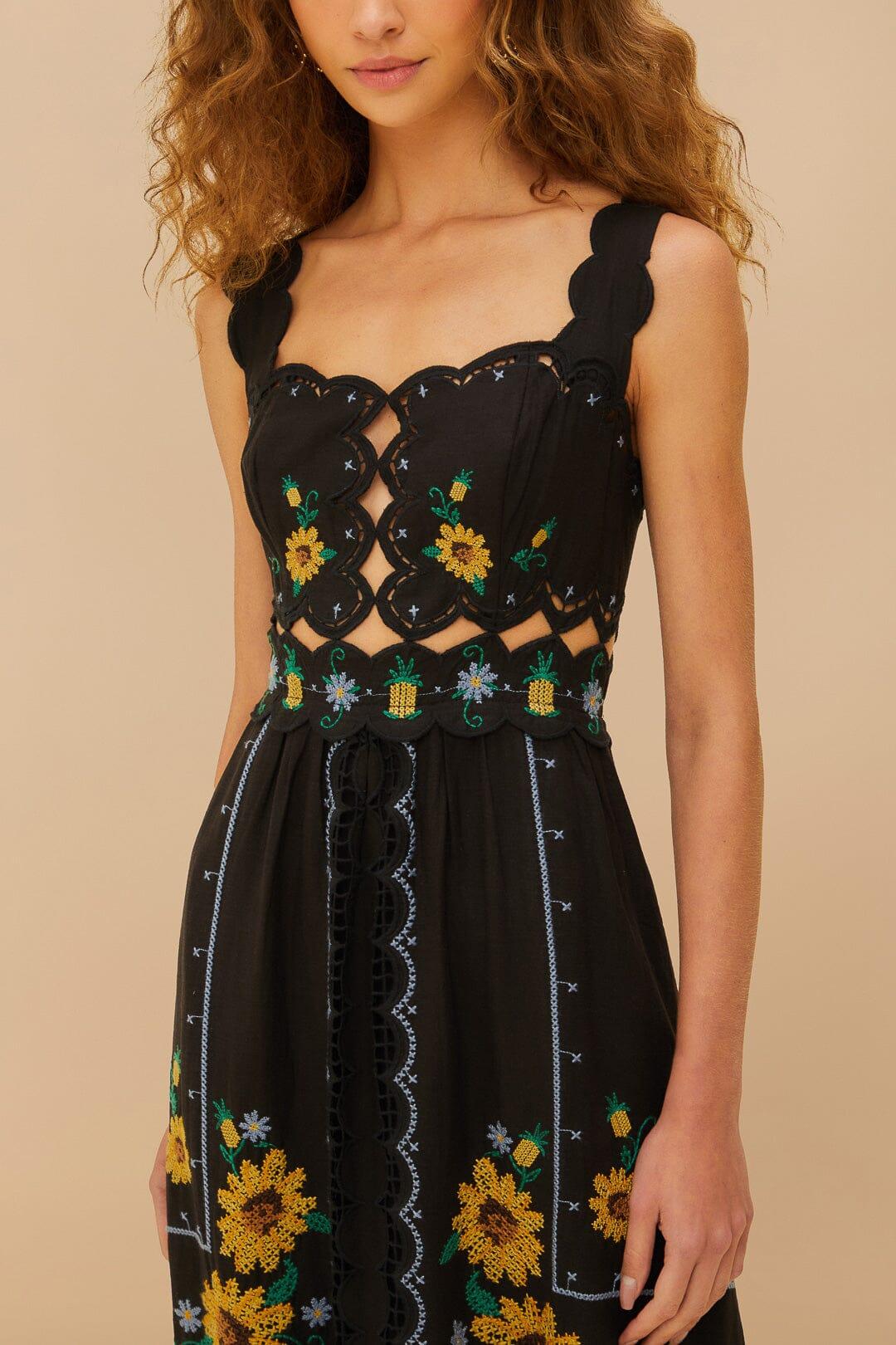 Black Cross Stitch Sunflower Richelieu LENZING™ ECOVERO™ Euroflax™ Midi Dress Product Image