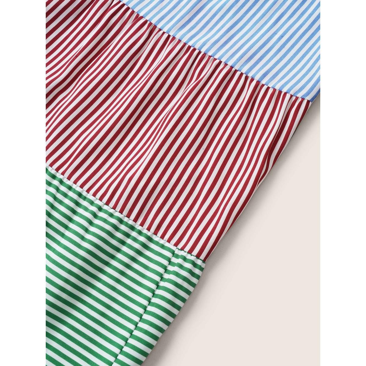 Plus Size Contrast Striped Patchwork Shirred Ties Dress LightBlue Women Casual Non Non Sleeveless Curvy Midi Dress BloomChic 26/4X Product Image