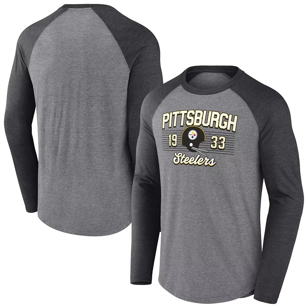Men's Fanatics  Heather Gray Pittsburgh Steelers Weekend Casual Raglan Long Sleeve Tri-Blend T-Shirt, Size: Small, Grey Product Image