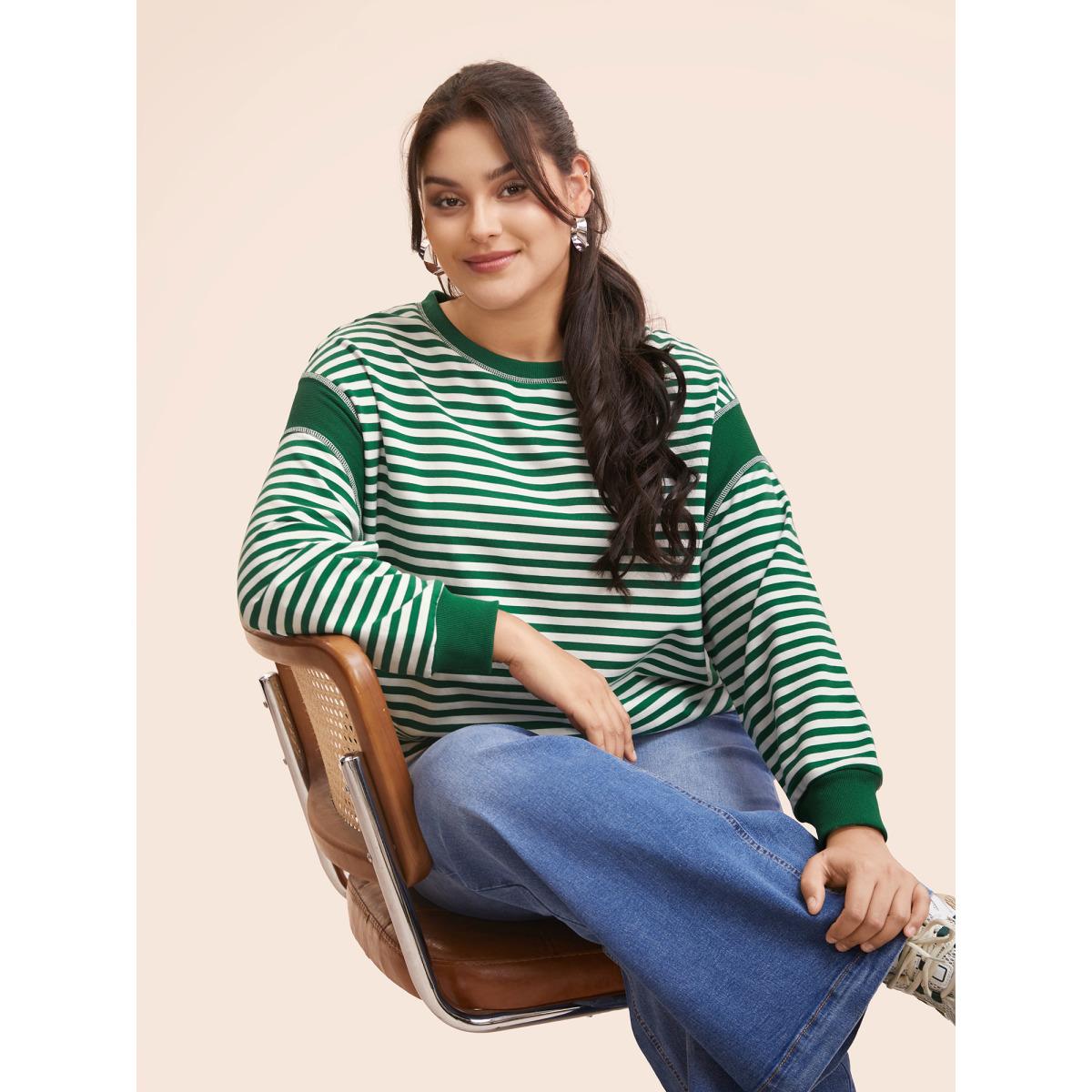 Plus Size Round Neck Striped Patchwork Stitch Sweatshirt Women Truegreen Casual Contrast Loose Round Neck Everyday Sweatshirts BloomChic 26/4X Product Image