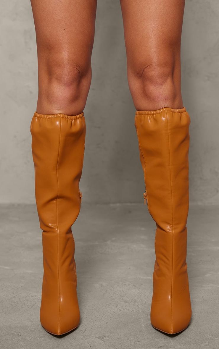 Camel PU Point Toe Gathered Hem Knee High Stiletto Heeled Boots Product Image