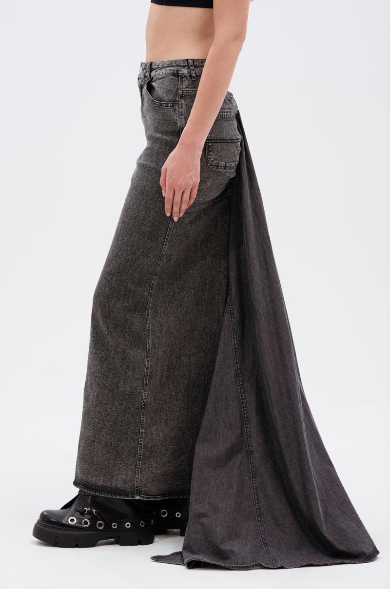 OH THE DRAMA DENIM MAXI SKIRT WITH TRAIN IN GREY Product Image