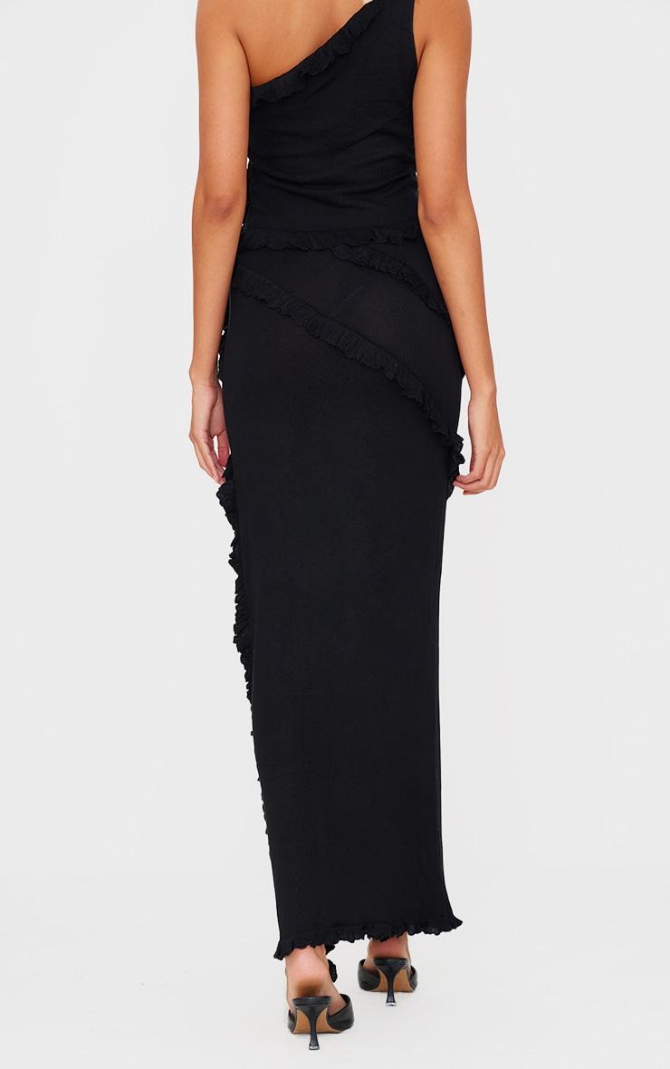 Black Rib Knit Frill Detail Maxi Skirt Product Image