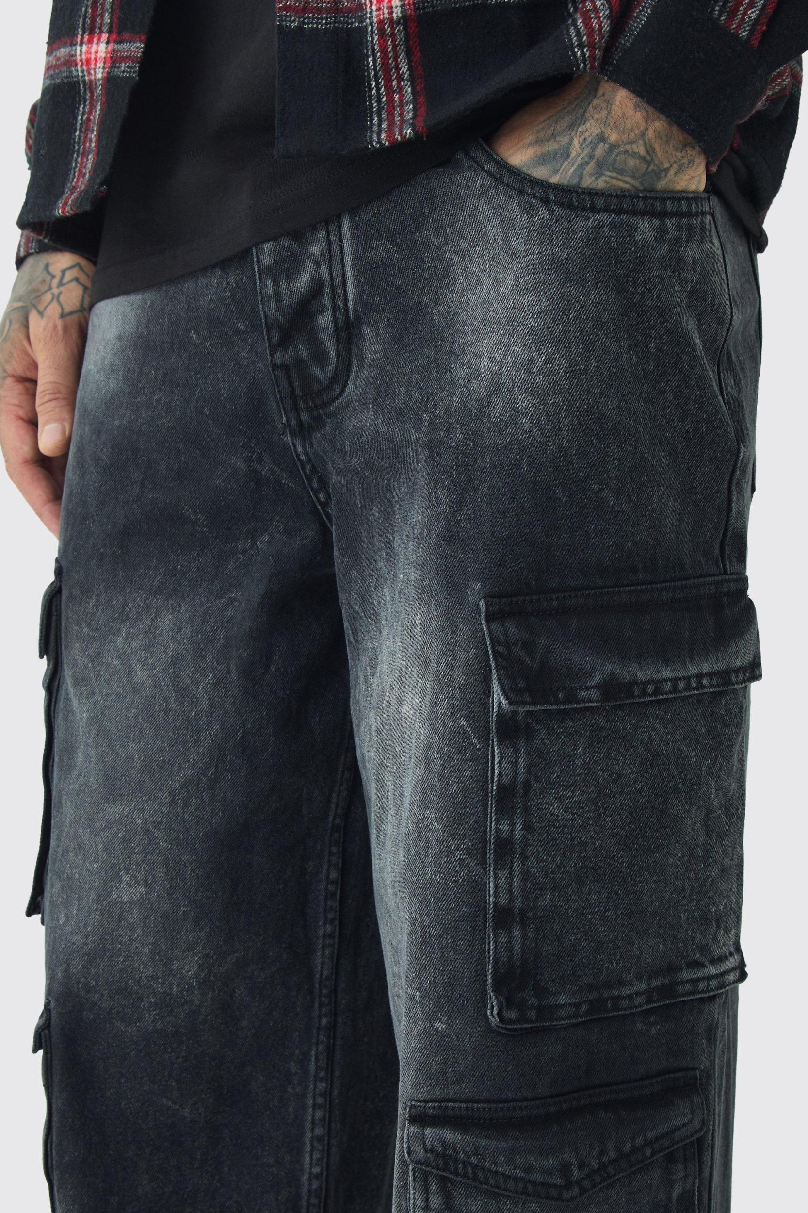 Tall Baggy Fit Washed Multi Pocket Cargo Jeans | boohooMAN USA Product Image