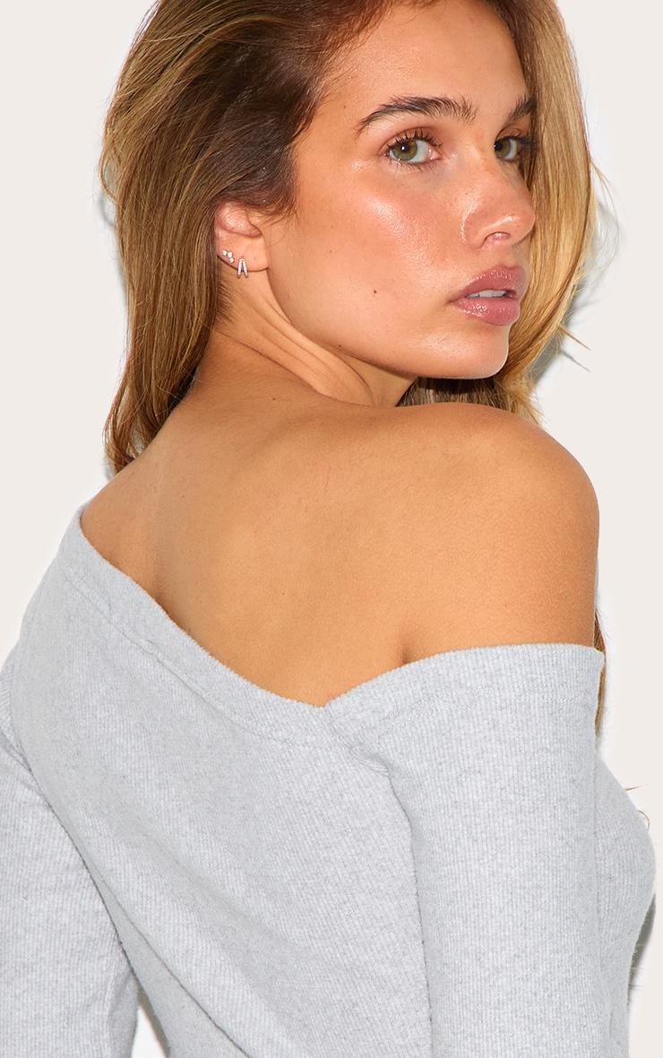 Grey Marl Rib Slouchy Asymmetric Ruched Long Sleeve Top Product Image