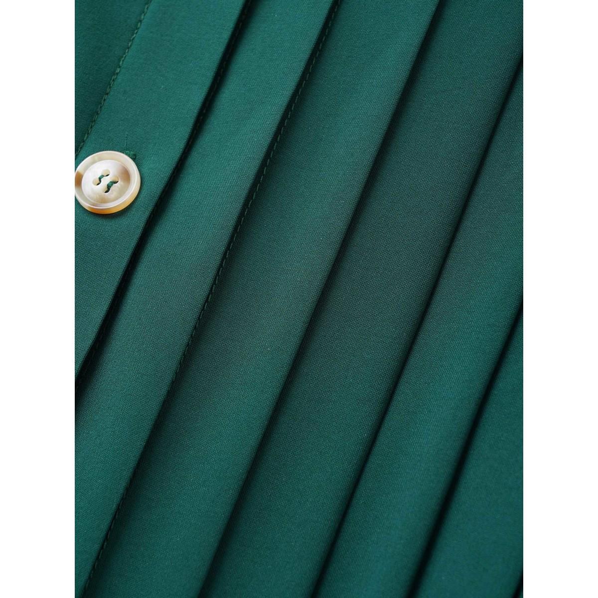 Plus Size Shirt Collar Solid Pleated Ruffle Cap Sleeve Dress DarkGreen Women At the Office Gathered Shirt collar Cap Sleeve Curvy Midi Dress BloomChic 10/M Product Image