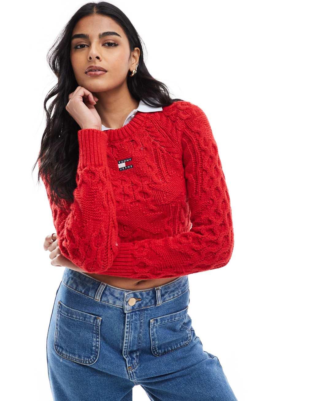 Tommy Jeans star cable knit sweater in bright red Product Image