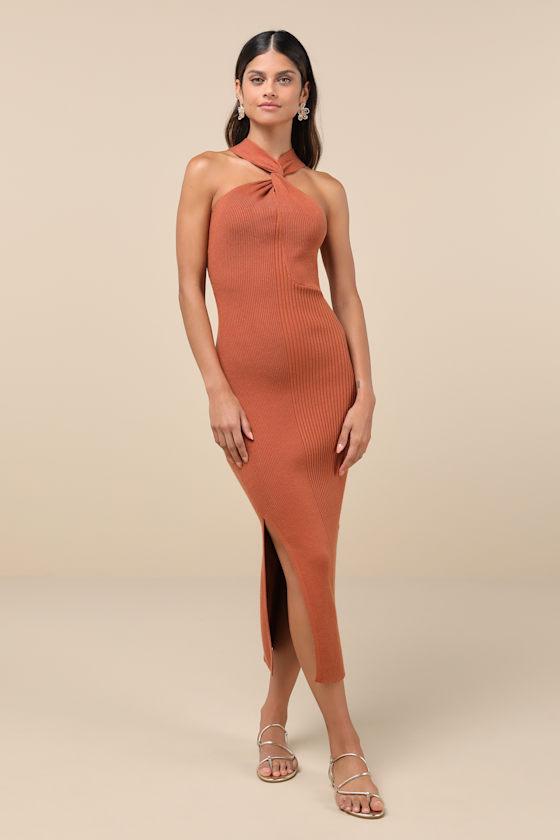 Effortless Twist Rust Brown Ribbed Twist-Front Cutout Midi Dress Product Image