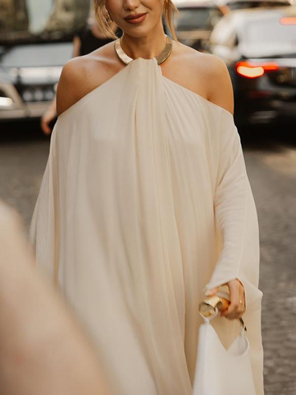 Long Sleeves Loose Solid Color Halter-Neck Maxi Dresses Product Image