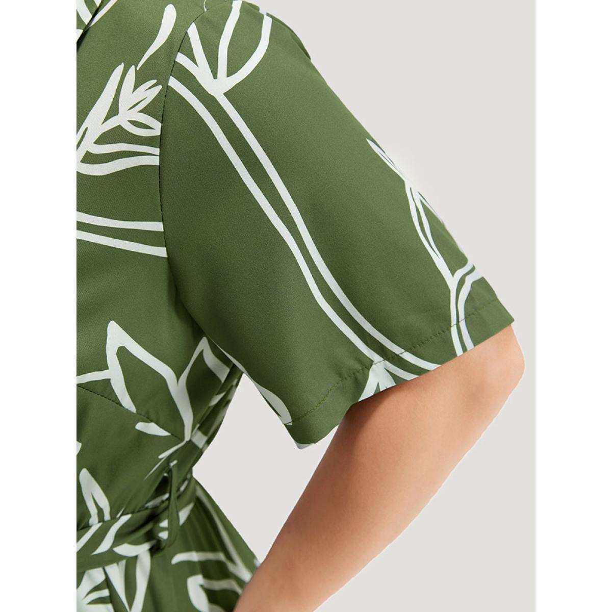 Plus Size Graphic Print Belted Shirt Collar Button Up Dress Sage Women Office Belted Shirt collar Short sleeve Curvy Midi Dress BloomChic 30/6X Product Image
