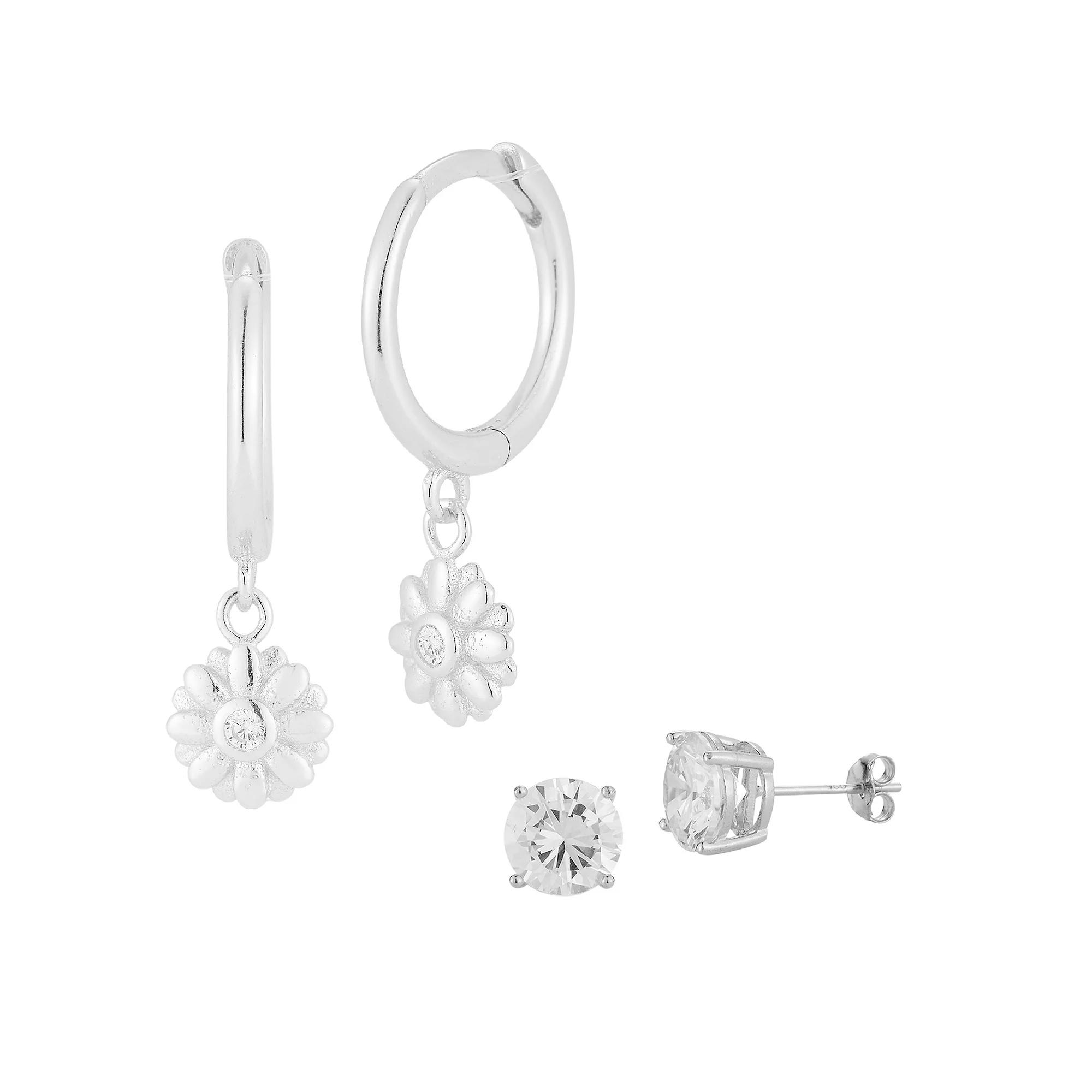 Sunkissed Sterling Sterling Silver Cubic Zirconia Flower Huggie Hoop Earring Duo Set, Women's, Silver Tone Product Image