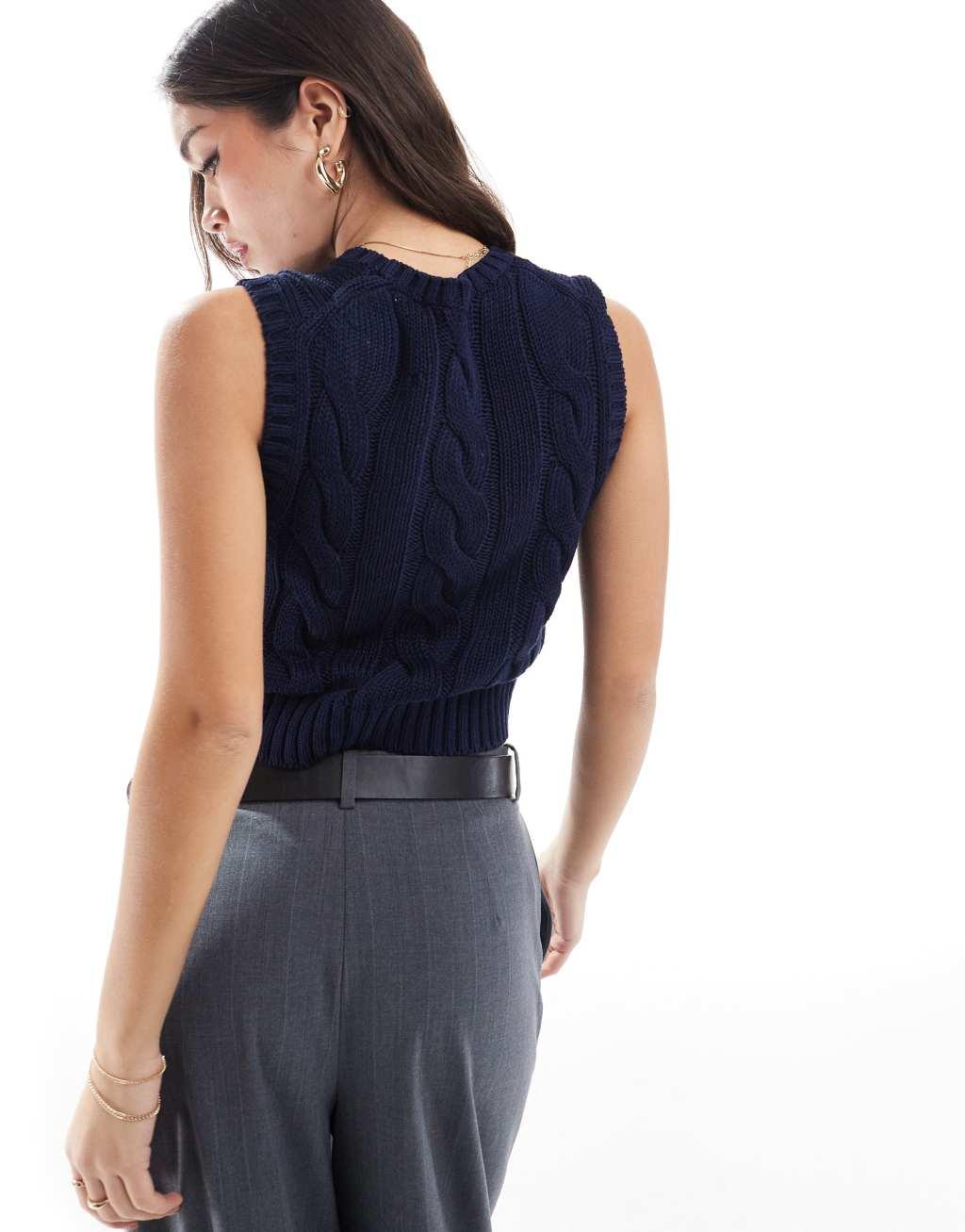 Polo Ralph Lauren cable knit sleeveless sweater with logo in navy Product Image