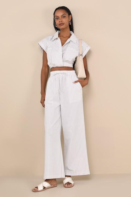 Ideal Breeze Ivory and Beige Striped High-Rise Wide-Leg Pants Product Image