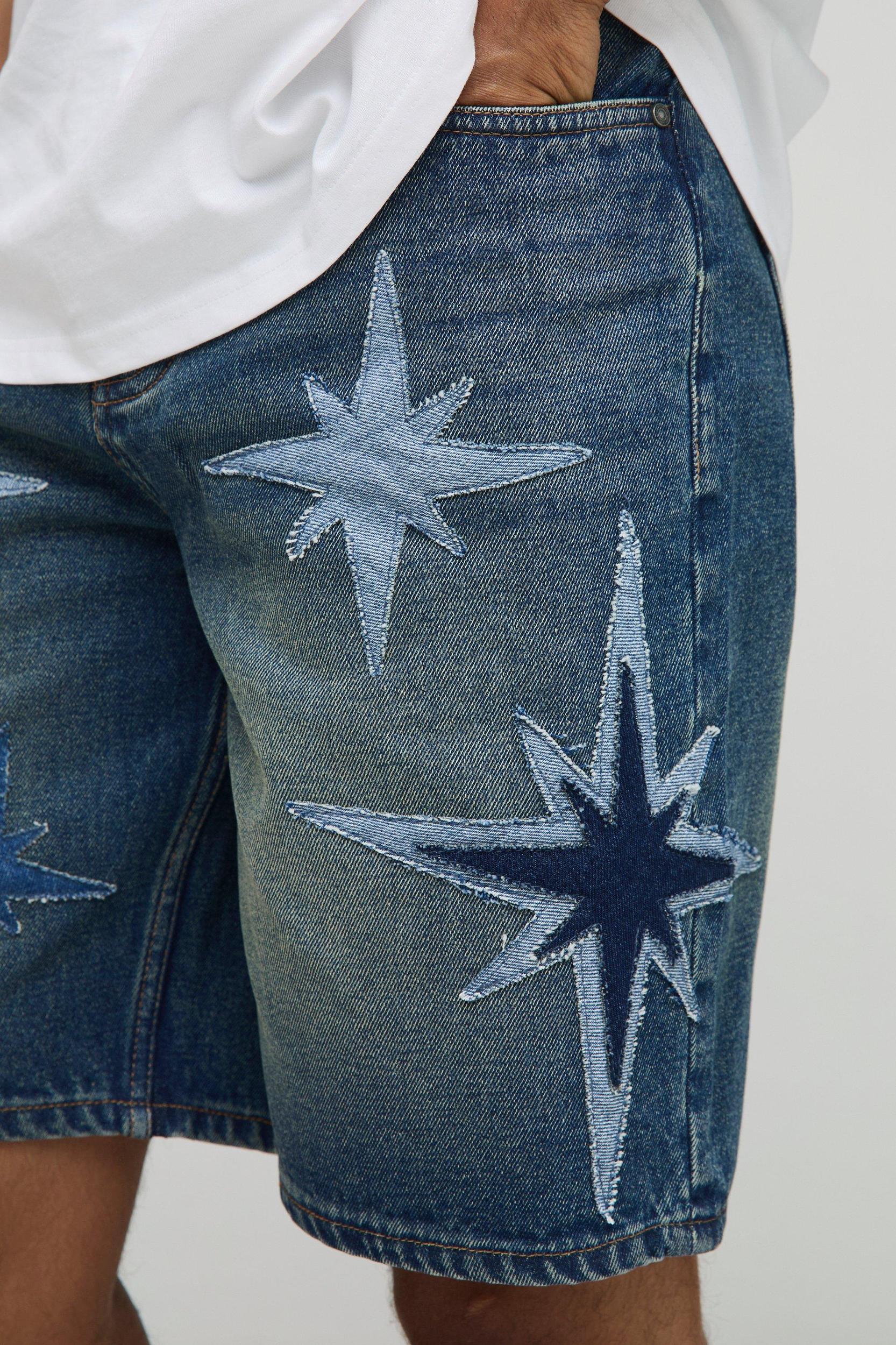 Relaxed Vintage Blue Star Applique Denim Shorts | boohooMAN USA Product Image