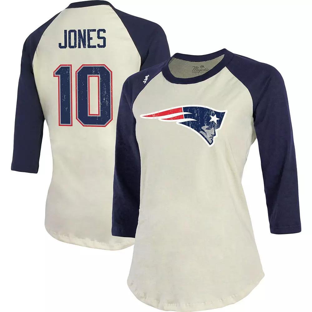 Women's Majestic Threads Mac Jones Cream New England Patriots Player Name & Number Tri-Blend Three-Quarter Sleeve T-Shirt, Size: Large, Beige Product Image