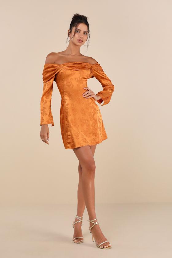 Truly Yours Copper Satin Jacquard Off-the-Shoulder Mini Dress Product Image