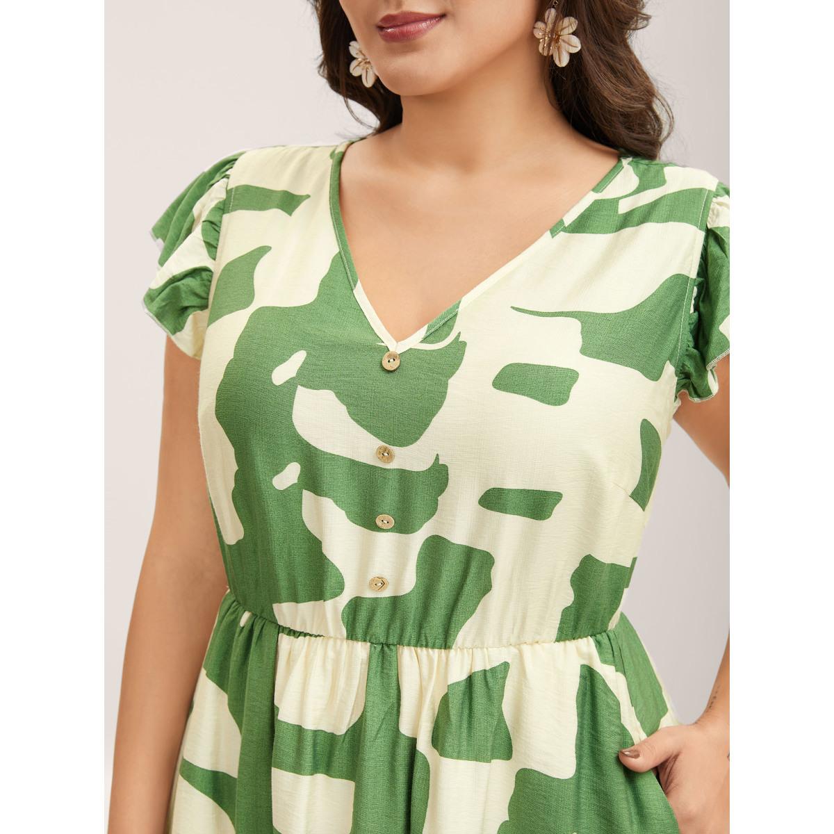 Plus Size Geometric Print Cinched-Waist Button Midi Dress Olive Women V-neck Short sleeve Curvy BloomChic 12/L Product Image