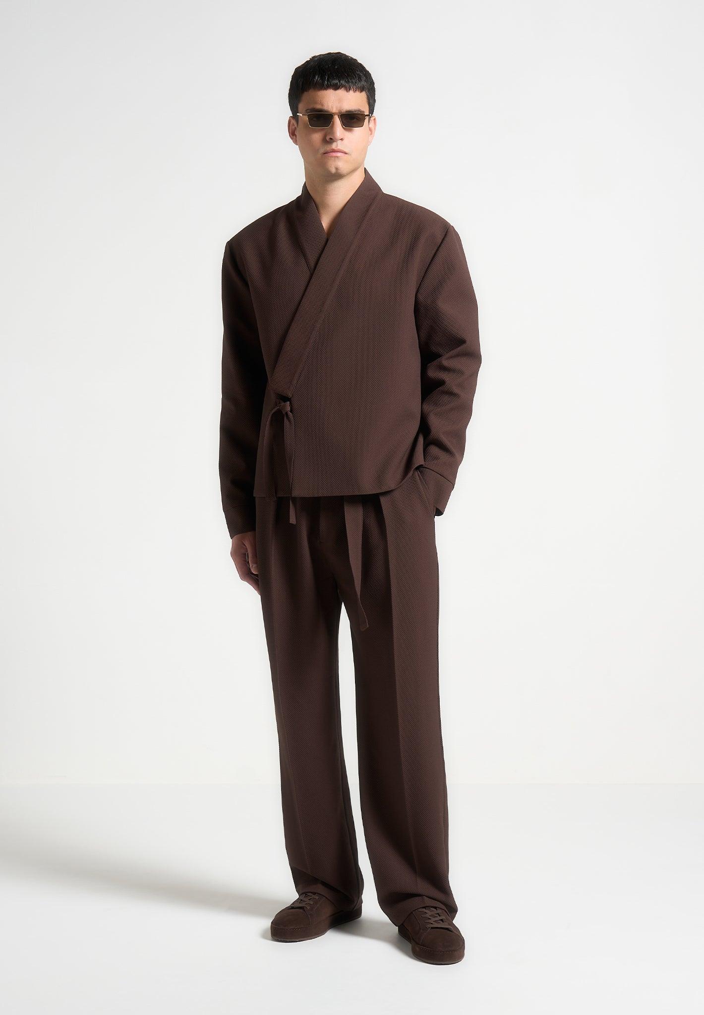 Louis - Relaxed Fit Textured Belted Tailored Trousers - Brown Male Product Image