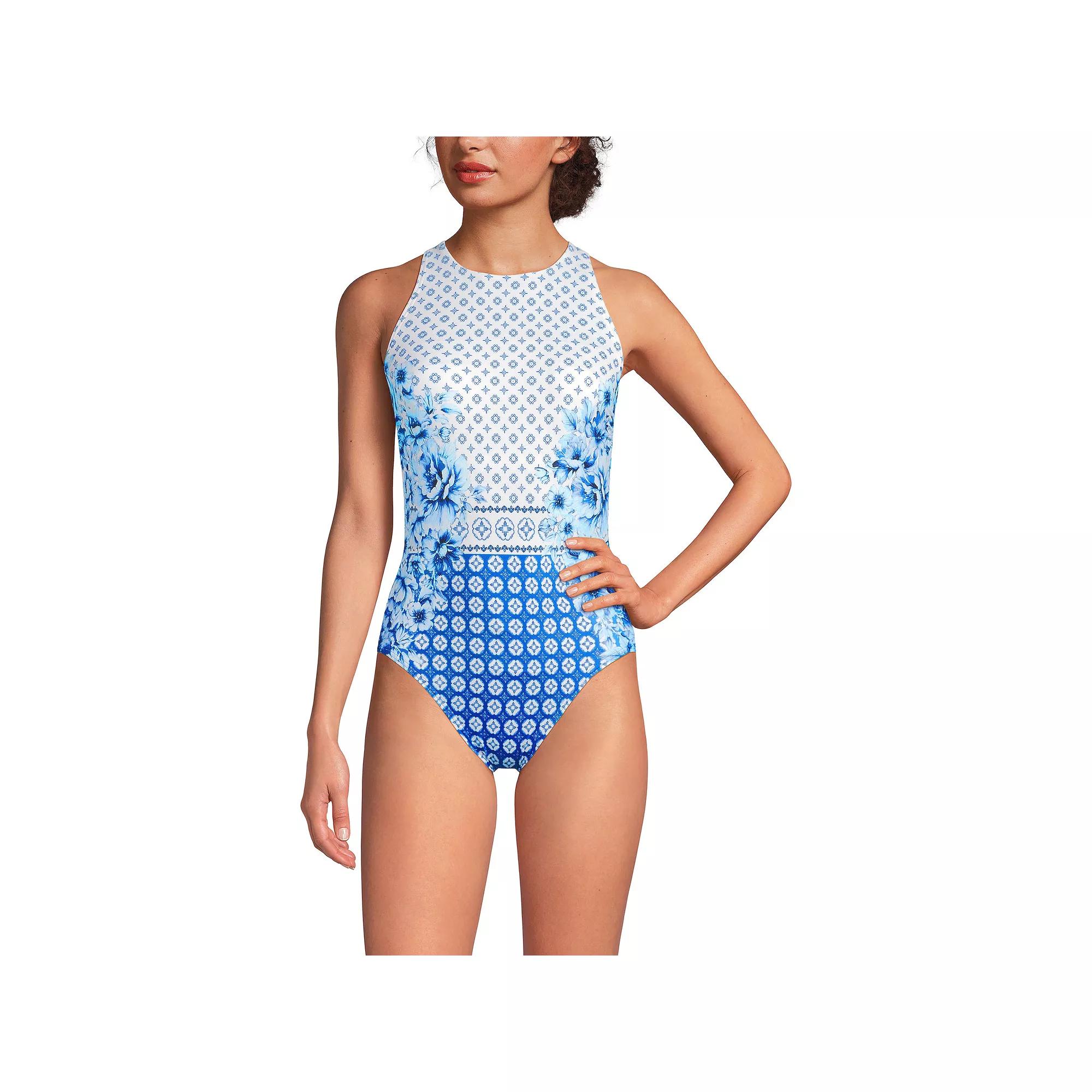 Women's Lands' End DD-Cup Tugless High Neck Portrait Back One-Piece Swimsuit, Size: 4, White Mosaic Floral Product Image