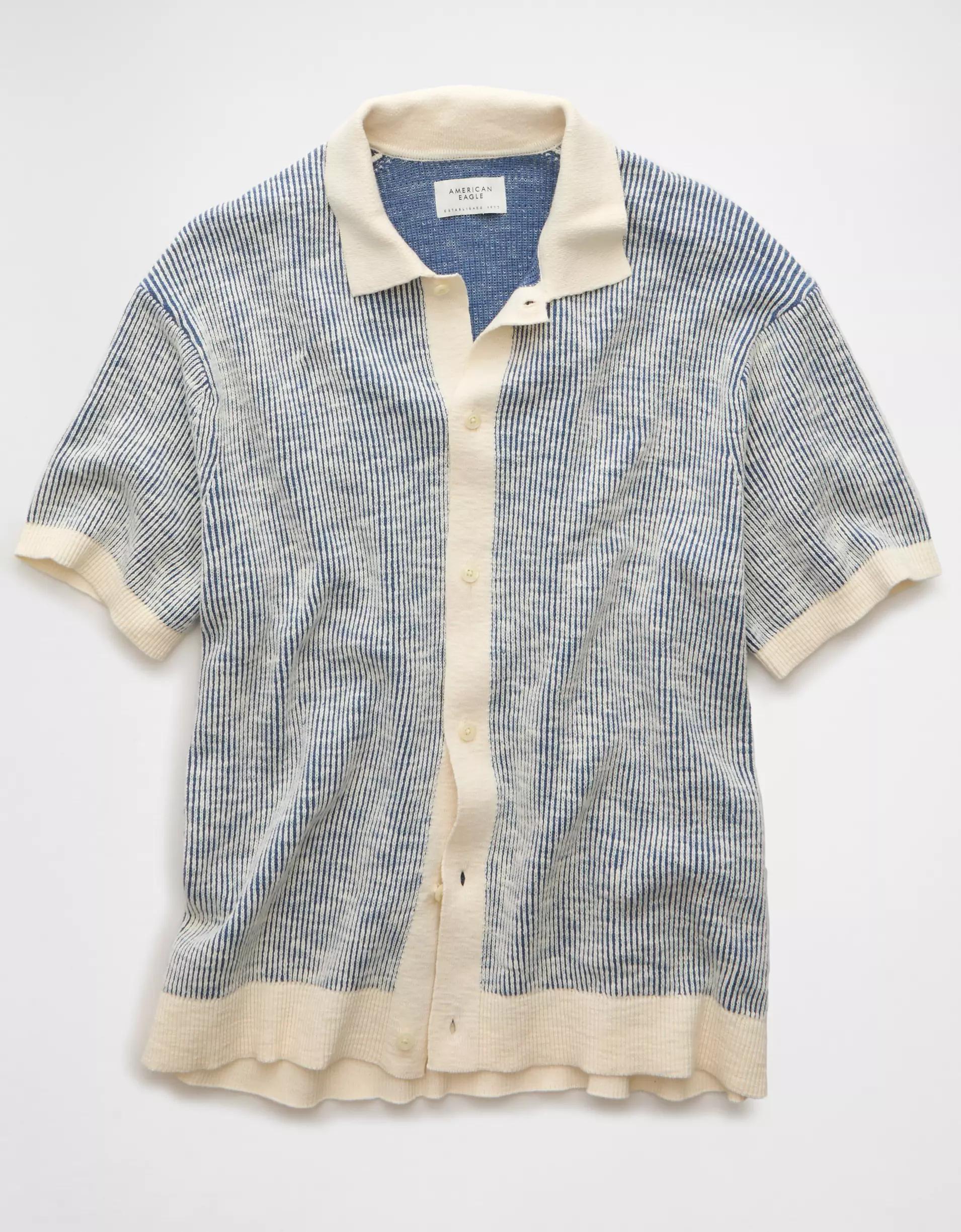 AE Weekend Striped Button-Up Sweater Polo Shirt Product Image