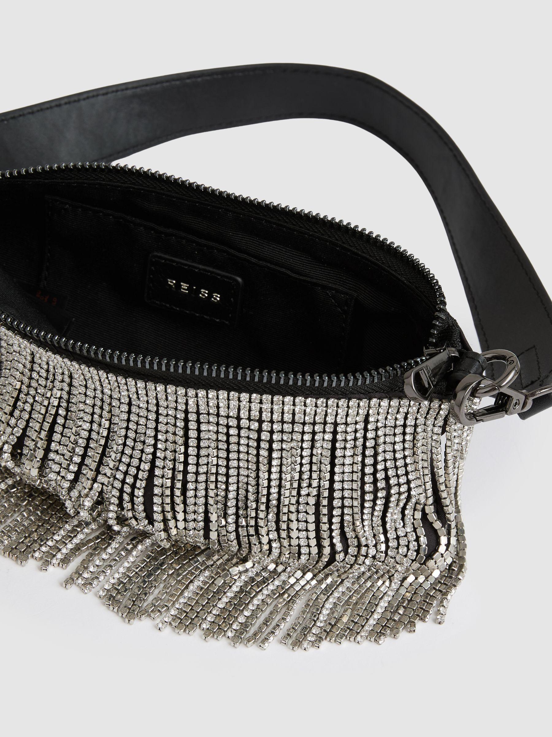 Satin Crystal Fringe Mini Shoulder Bag in Silver Product Image