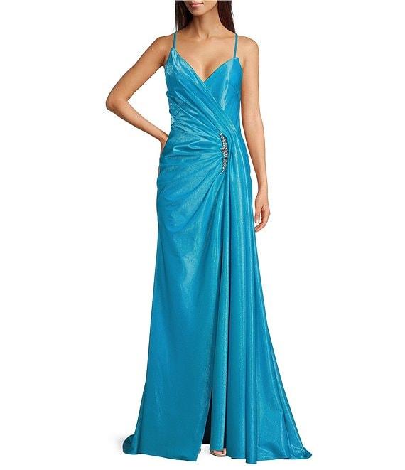 Terani Couture Stretch Metallic Sweetheart Neck Sleeveless Beaded Applique Sheath Gown Product Image
