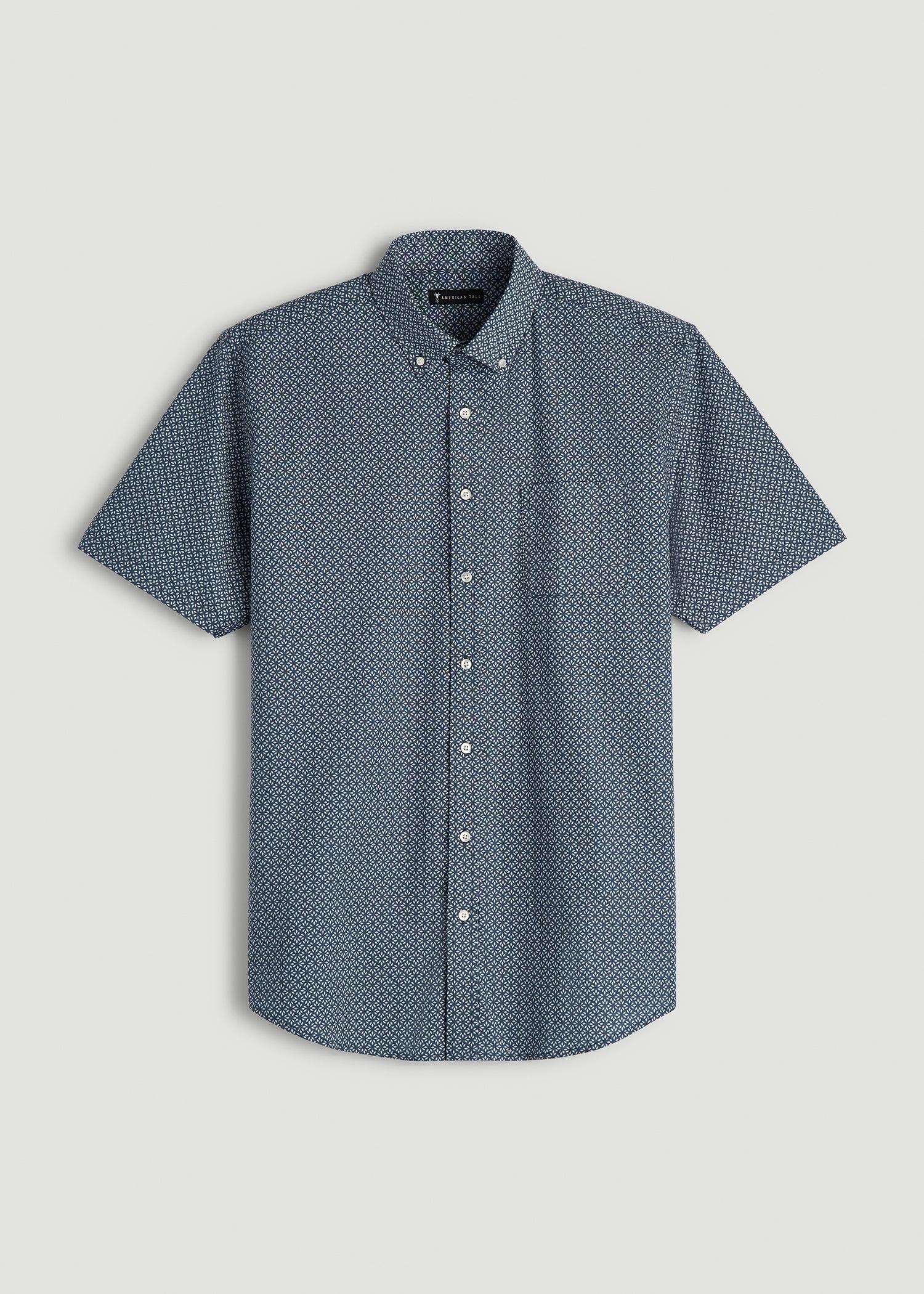 Short Sleeve Shirt for Tall Men in Grey and Blue Geometric Male Product Image