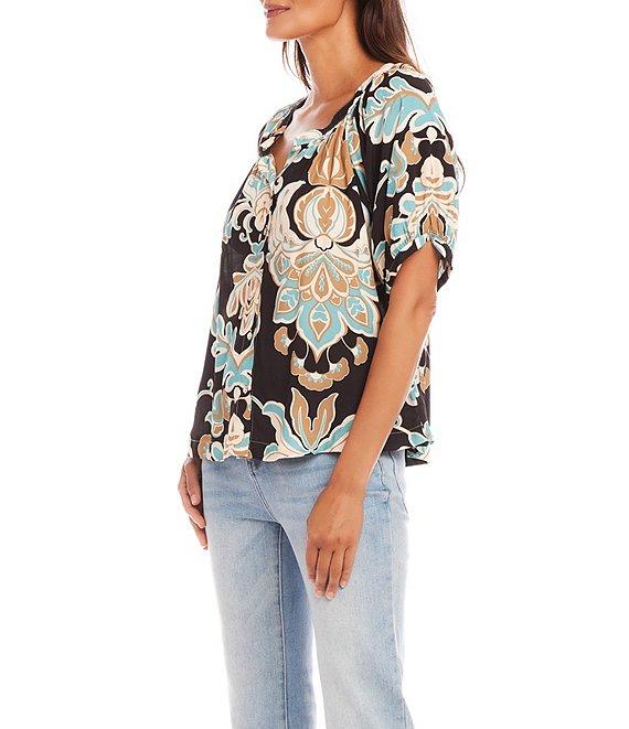 Floral Scoop Neck Short Puff Sleeve Button-Front Peasant Top Product Image