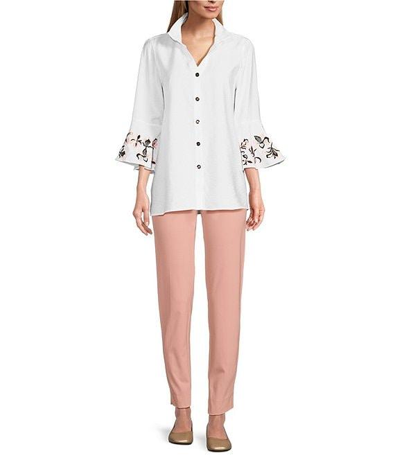 Multiples Solid Crinkle Wire Collar 3/4 Embroidered Flounce Sleeve Hi-Low Hem Fitted Woven Shirt Product Image