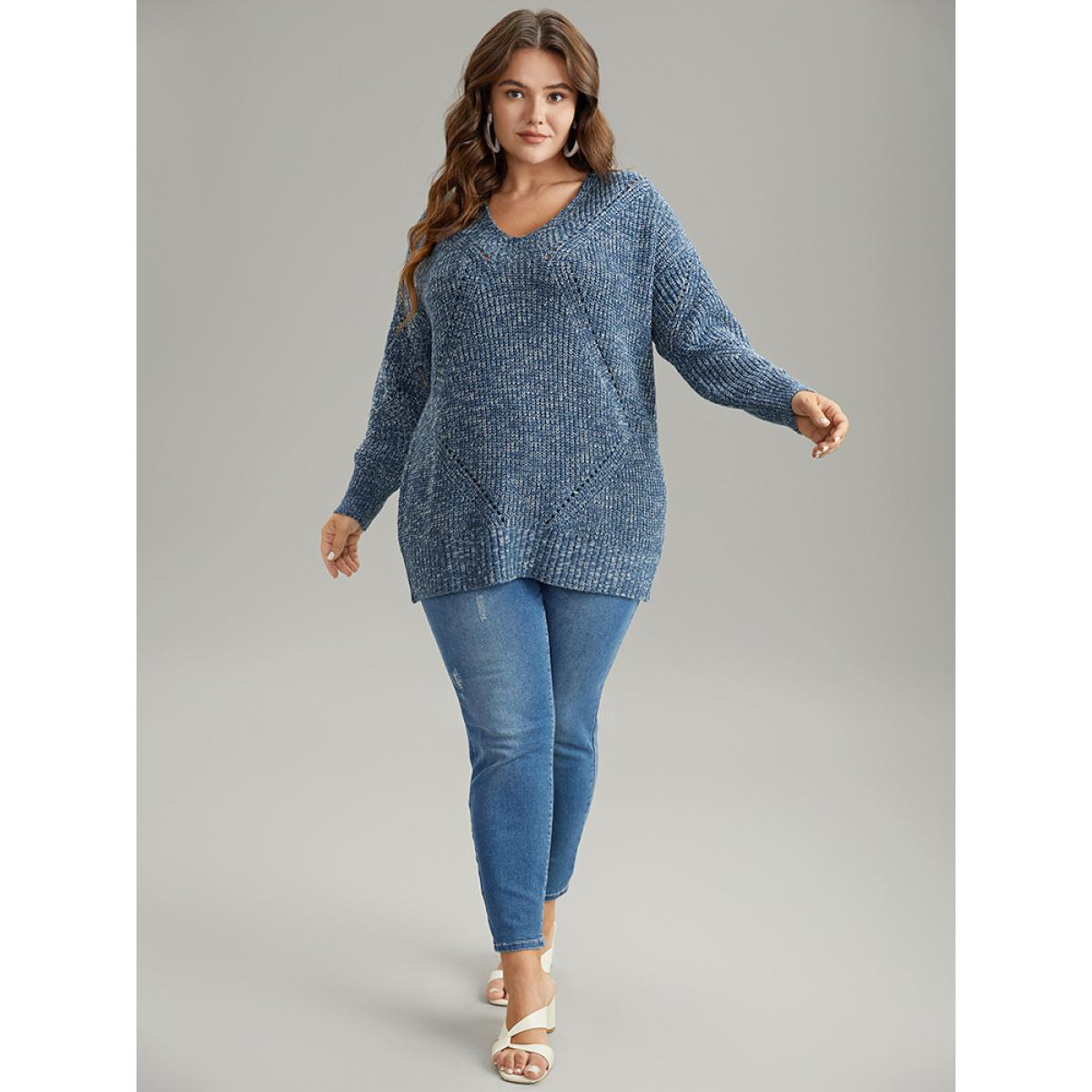 Plus Size Heather Elastic Cuffs Cut Out Pullover Stone Women Casual Loose Long Sleeve V-neck Dailywear Pullovers BloomChic 28/5X Product Image