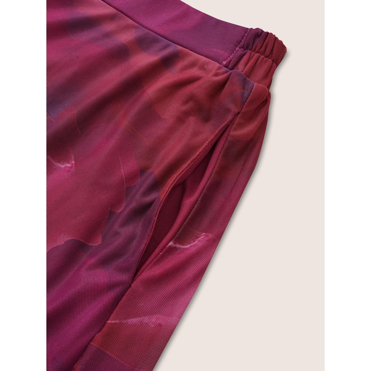 Plus Size Pixel Flower Elastic Waist Patchwork Mesh Skirt Women RedViolet Elegant Non Low stretch Slanted pocket Everyday Skirts BloomChic 12/L Product Image