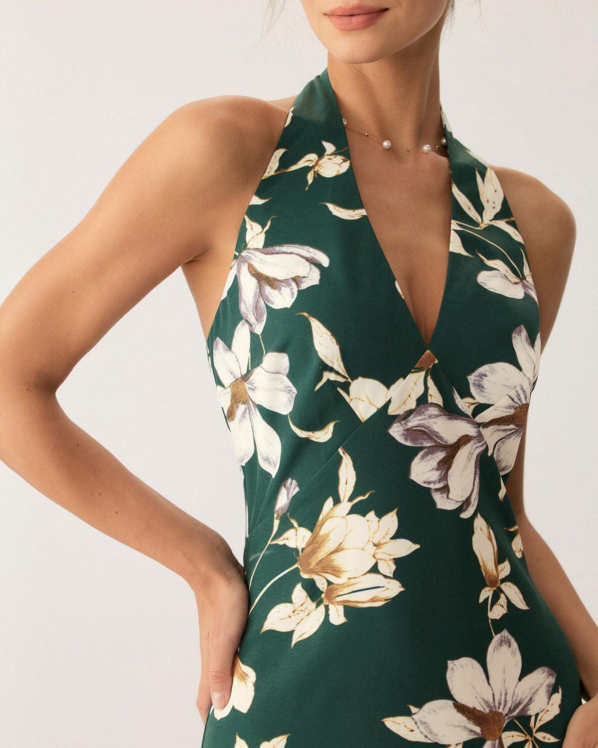 Green Floral Halter Maxi Dress Product Image