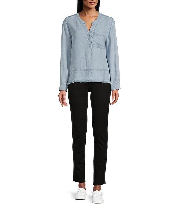 Westbound Petite Size Woven Long Roll-Tab Sleeve Henley Top Product Image